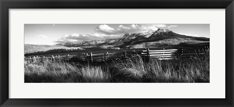 Framed Fence with mountains in the background, Colorado (black and white) Print