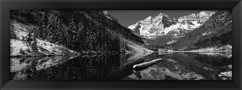 Framed Reflection of a mountain in a lake in black and white, Maroon Bells, Aspen, Colorado Print