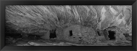 Framed Dwelling structures on a cliff in black and white, Anasazi Ruins, Mule Canyon, Utah, USA Print