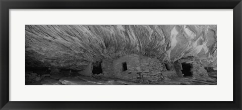 Framed Dwelling structures on a cliff in black and white, Anasazi Ruins, Mule Canyon, Utah, USA Print
