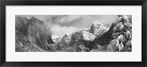 Framed Black and white view of Mountains and waterfall in snow, El Capitan, Yosemite National Park, California Print