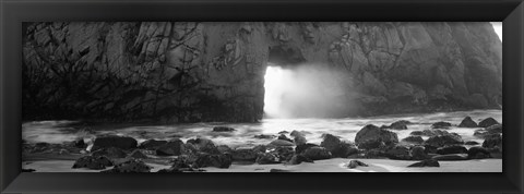 Framed Rock formation on the beach in black and white, Big Sur, California Print