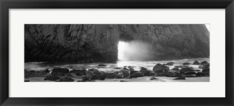 Framed Rock formation on the beach in black and white, Big Sur, California Print