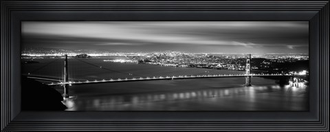 Framed Golden Gate Bridge and San Francisco Skyline Lit Up (black &amp; white) Print