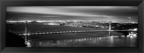 Framed Golden Gate Bridge and San Francisco Skyline Lit Up (black &amp; white) Print