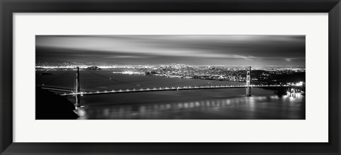 Framed Golden Gate Bridge and San Francisco Skyline Lit Up (black &amp; white) Print