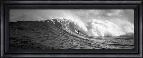 Framed Surfer in the sea in Black and White, Maui, Hawaii Print