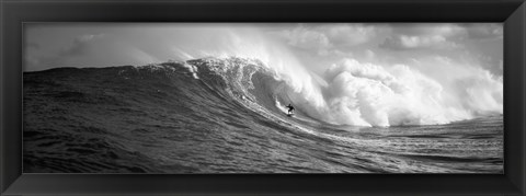 Framed Surfer in the sea in Black and White, Maui, Hawaii Print