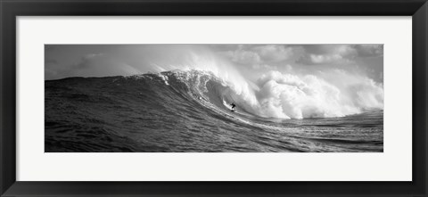 Framed Surfer in the sea in Black and White, Maui, Hawaii Print