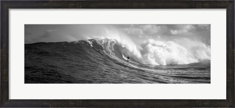 Framed Surfer in the sea in Black and White, Maui, Hawaii Print