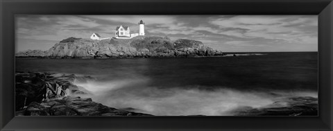 Framed Nubble Lighthouse in black and white, Cape Neddick, Maine Print