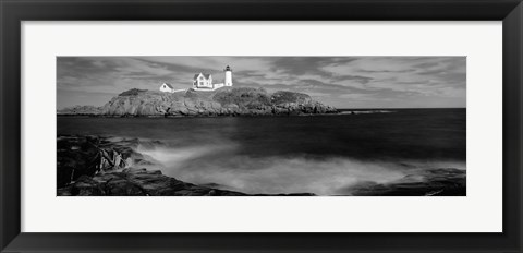 Framed Nubble Lighthouse in black and white, Cape Neddick, Maine Print