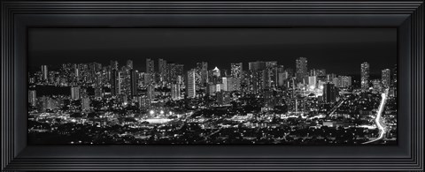 Framed High angle view of a city lit up at night, Honolulu, Oahu, Honolulu County, Hawaii (black and white) Print