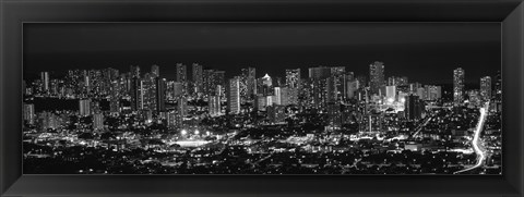 Framed High angle view of a city lit up at night, Honolulu, Oahu, Honolulu County, Hawaii (black and white) Print