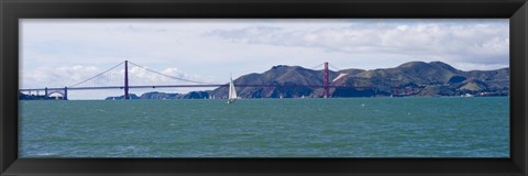 Framed Suspension bridge with a mountain range in the background, Golden Gate Bridge, Marin Headlands, San Francisco, California, USA Print