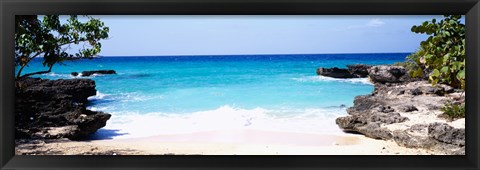 Framed Rock formations on the beach, Smith&#39;s Cove Beach, Smith&#39;s Cove, Georgetown, Grand Cayman, Cayman Islands Print