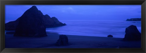 Framed Silhouette of rock formations in the sea at dusk, Myers Creek Beach, Oregon Print