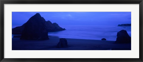 Framed Silhouette of rock formations in the sea at dusk, Myers Creek Beach, Oregon Print