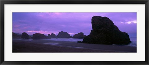 Framed Silhouette of rock formations in the sea against a pink sky, Myers Creek Beach, Oregon Print