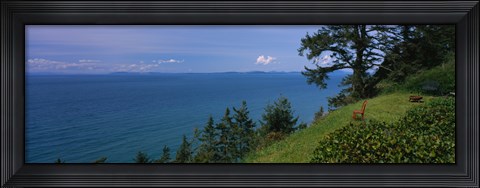 Framed Old red chair near the sea, Strait of Juan de Fuca, San Juan Islands, Whidbey Island, Island County, Washington State, USA Print