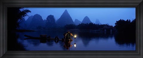 Framed Fisherman fishing at night, Li River , China Print