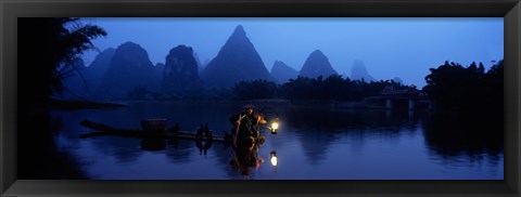 Framed Fisherman fishing at night, Li River , China Print