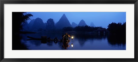 Framed Fisherman fishing at night, Li River , China Print