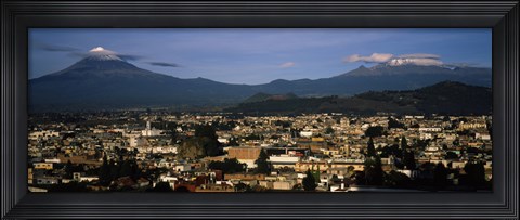 Framed Aerial view of a city a with mountain range in the background, Popocatepetl Volcano, Cholula, Puebla State, Mexico Print