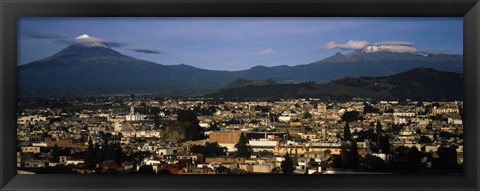 Framed Aerial view of a city a with mountain range in the background, Popocatepetl Volcano, Cholula, Puebla State, Mexico Print