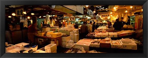 Framed People buying fish in a fish market, Tsukiji Fish Market, Tsukiji, Tokyo Prefecture, Kanto Region, Japan Print