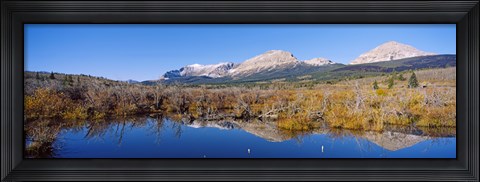 Framed Reflection of mountains in water, Milk River, US Glacier National Park, Montana, USA Print