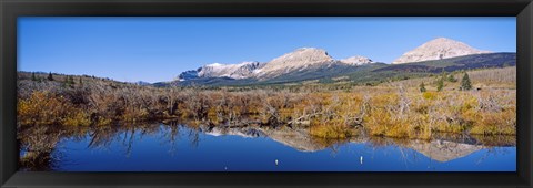 Framed Reflection of mountains in water, Milk River, US Glacier National Park, Montana, USA Print