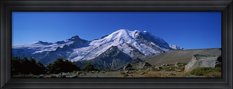 Framed Mountain covered with snow, Mt Rainier, Mt Rainier National Park, Pierce County, Washington State, USA Print