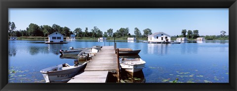 Framed Boathouses in a lake, Lake Erie, Erie, Pennsylvania, USA Print