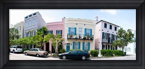 Framed Rainbow row colorful houses along a street, East Bay Street, Charleston, South Carolina, USA Print