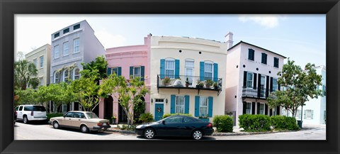 Framed Rainbow row colorful houses along a street, East Bay Street, Charleston, South Carolina, USA Print