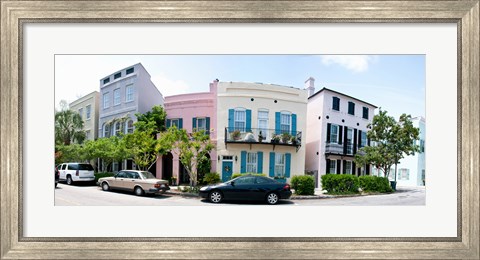 Framed Rainbow row colorful houses along a street, East Bay Street, Charleston, South Carolina, USA Print