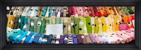 Framed Tablecloths for sale at a market stall, Lourmarin, Vaucluse, Provence-Alpes-Cote d&#39;Azur, France Print