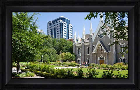 Framed Assembly hall in a city, Salt Lake Assembly Hall, Temple Square, Salt Lake City, Utah, USA Print