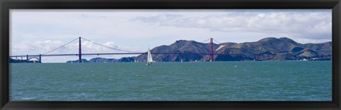 Framed Suspension bridge with a mountain range in the background, Golden Gate Bridge, Marin Headlands, San Francisco, California, USA Print