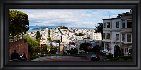 Framed Aerial view of the Lombard Street, Coit Tower, Bay Bridge, San Francisco, California, USA Print