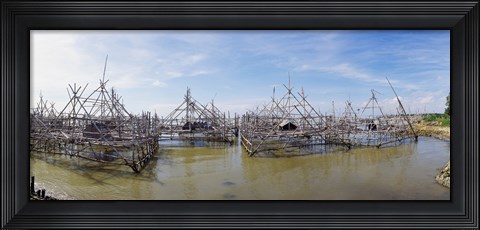 Framed Fishing platforms along coast of Madura Island, Indonesia Print