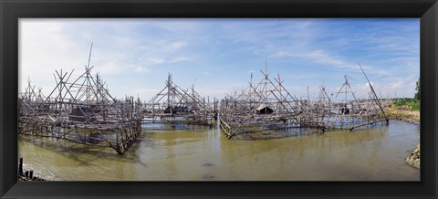 Framed Fishing platforms along coast of Madura Island, Indonesia Print