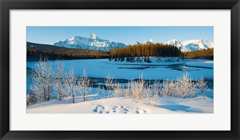 Framed Frozen river with mountain range in the background, Mt Fryatt, Athabaska River, Jasper National Park, Alberta, Canada Print