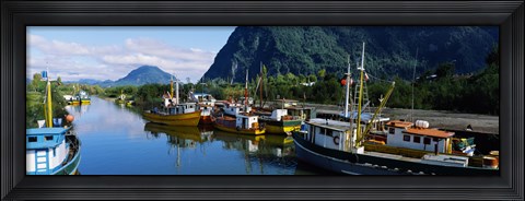 Framed Boats docked at a harbor, Puerto Aisen, AISEN Region, Patagonia, Chile Print