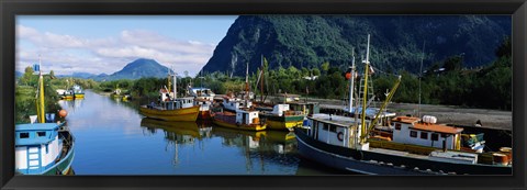 Framed Boats docked at a harbor, Puerto Aisen, AISEN Region, Patagonia, Chile Print