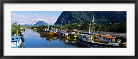 Framed Boats docked at a harbor, Puerto Aisen, AISEN Region, Patagonia, Chile Print