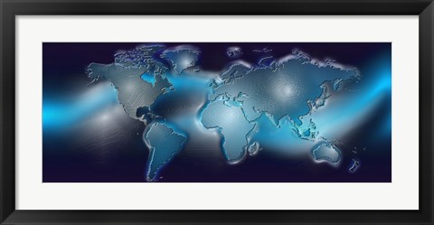 Framed Map of the world with blue trail Print