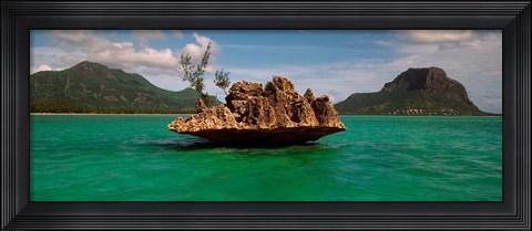 Framed Rock in Indian Ocean with mountain the background, Le Morne Mountain, Mauritius Island, Mauritius Print