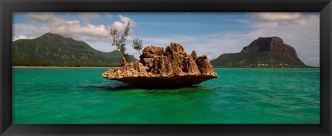 Framed Rock in Indian Ocean with mountain the background, Le Morne Mountain, Mauritius Island, Mauritius Print